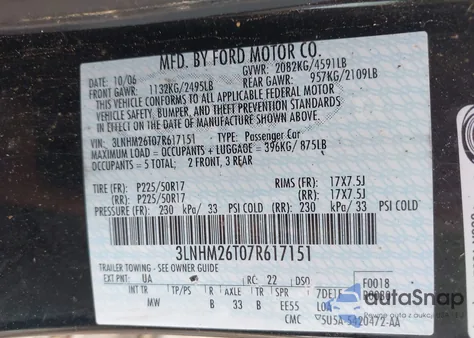 2007 Lincoln Mkz z USA, uszkodzony, nr VIN 3LNHM26T07R617151